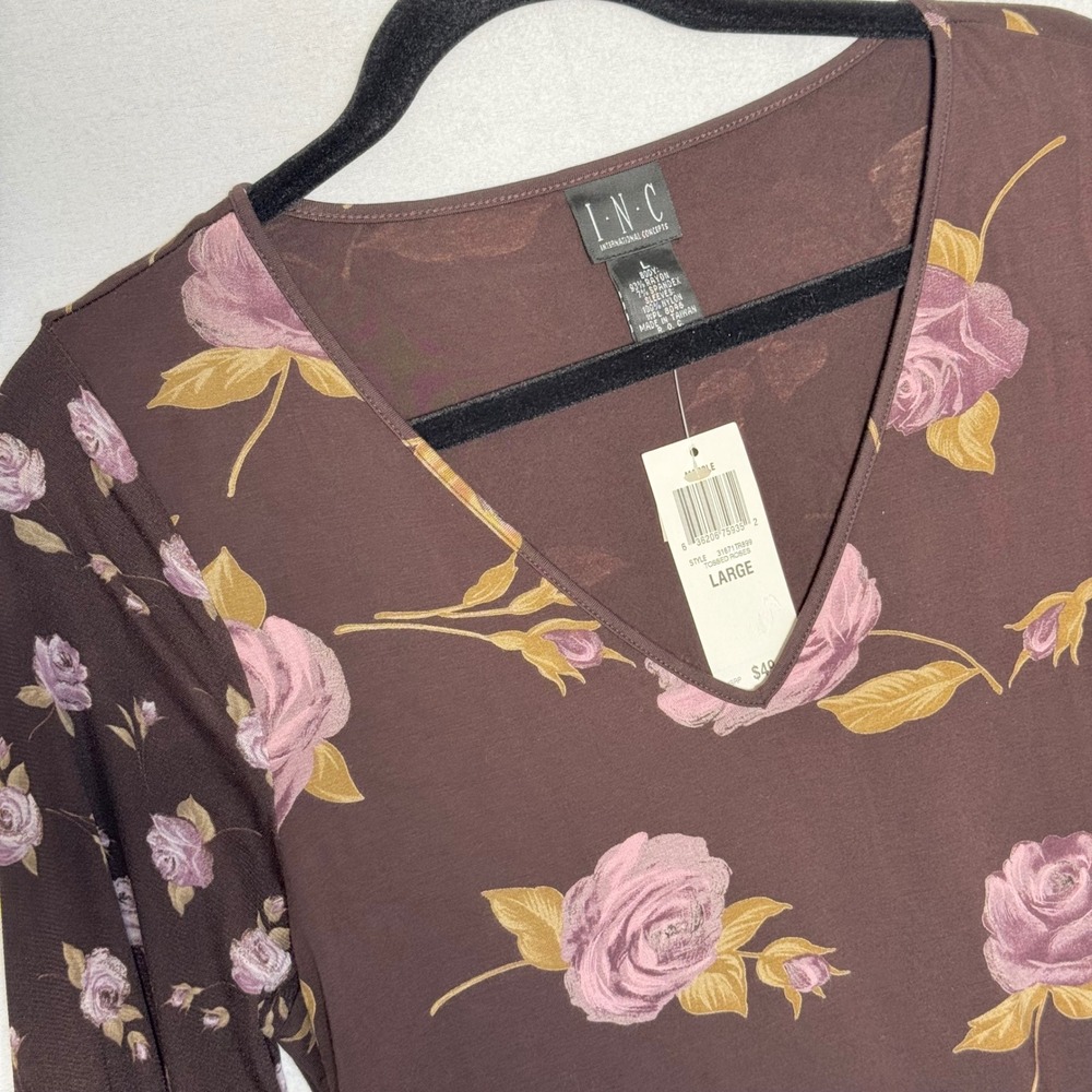 INC International Concepts Floral Mesh Sleeve V-Neck Top Brown Purple Large NEW